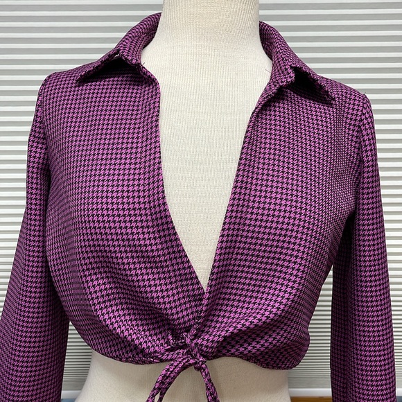 M // Zara Purple Black Houndstooth Long Sleeve Tie Hem Collared Wrap Crop Top - Picture 4 of 11